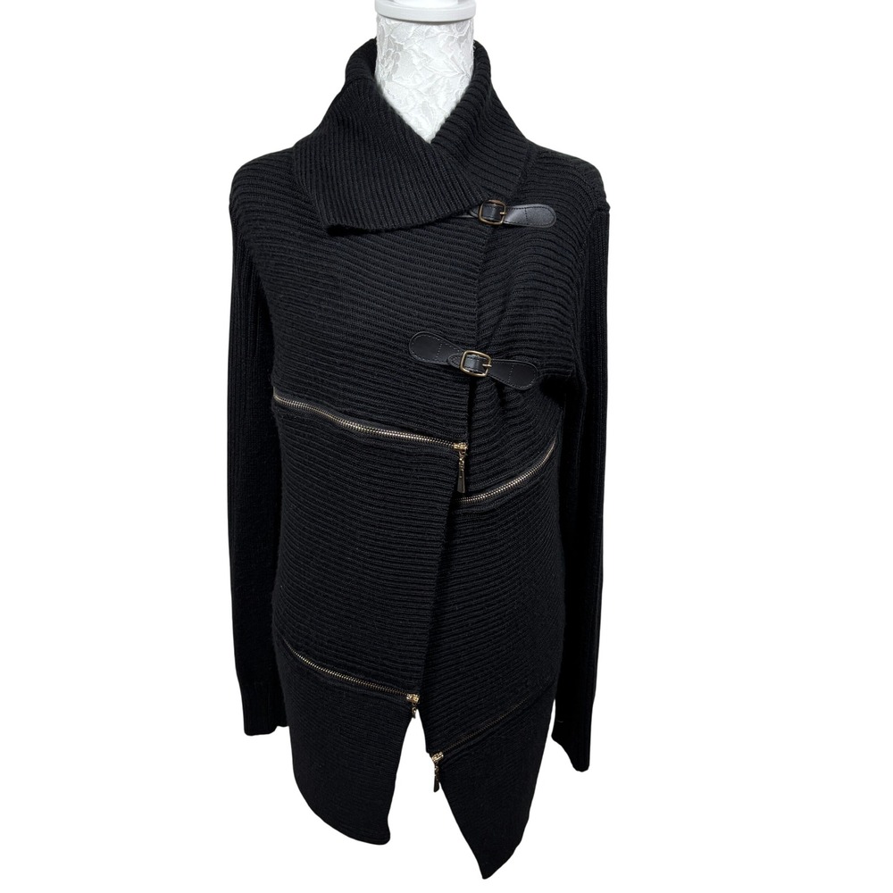 Kerisma Black Asymmetric Multi Zip Ribbed Knit Cardigan Sweater Womens Small